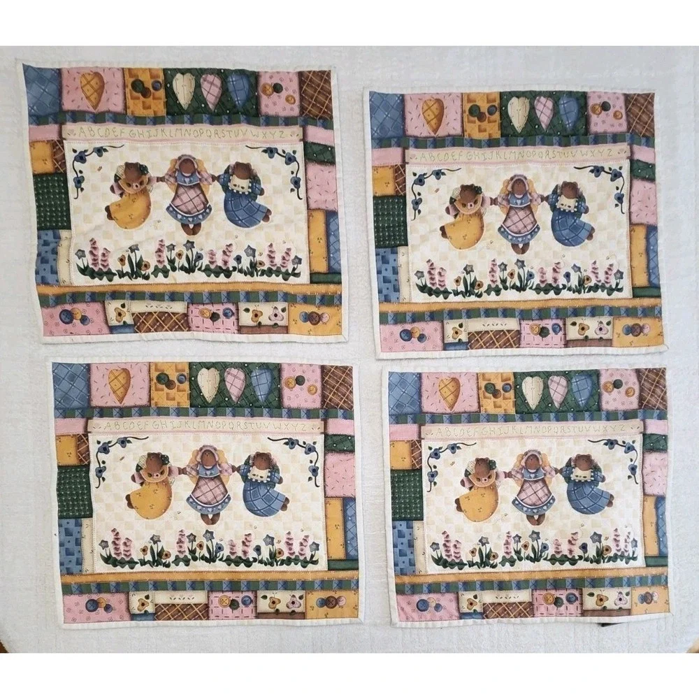 Leslie Beck Placemats Cranstson- Set Of Four Bear Angels Faux Quilt Cottage Core